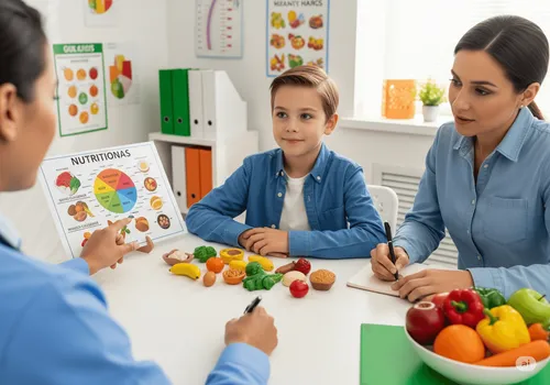 Nutricionista ensina criança sobre alimentação saudável com frutas e verduras.