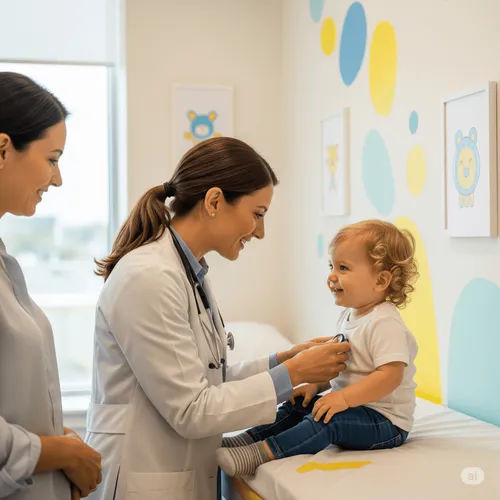 Pediatra realiza consulta de puericultura com criança feliz e tranquila.